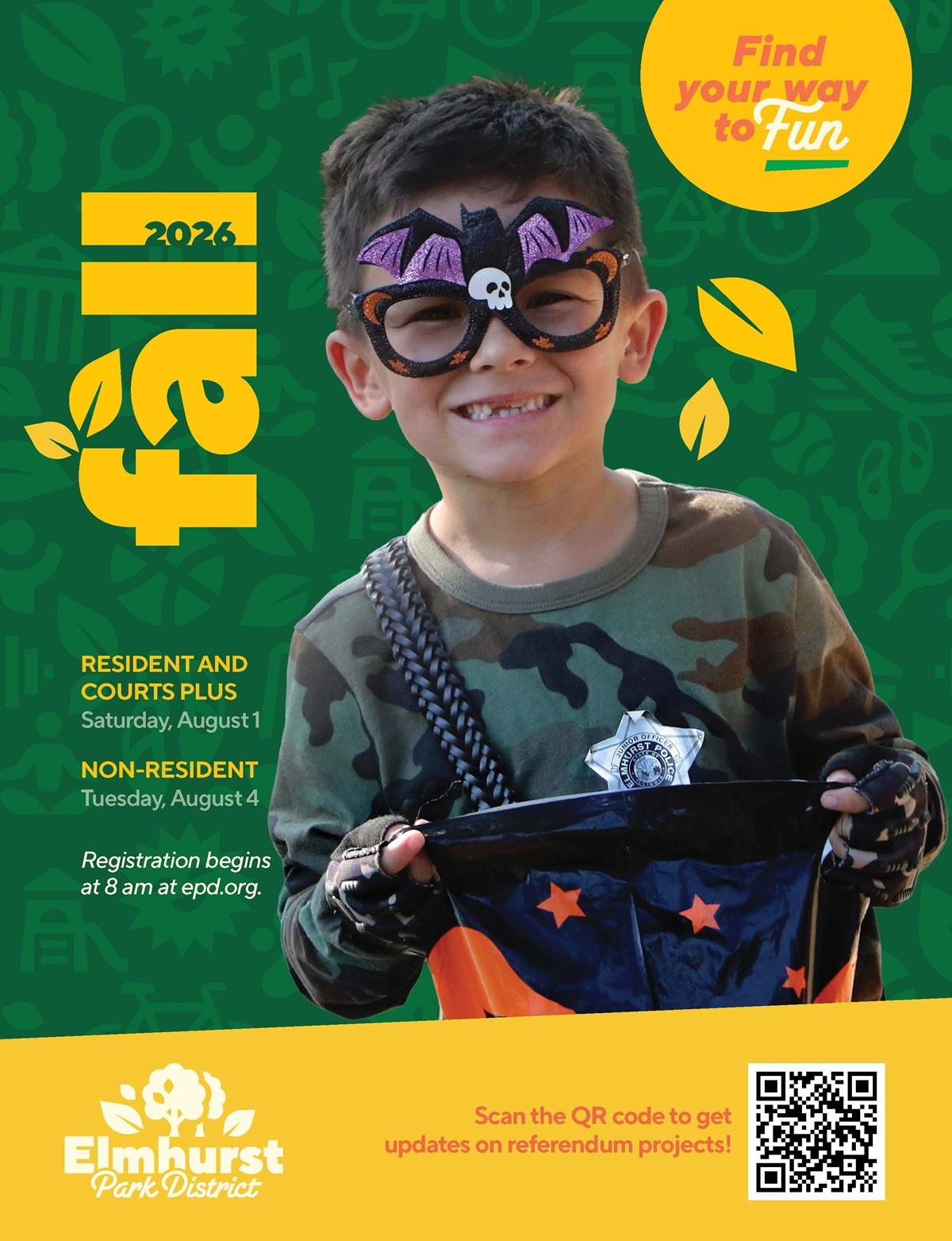 A child wearing bat-themed glasses and a camouflage shirt smiles and holds a trick-or-treat bag. The poster advertises fall programs for the Elmhurst Park District, with registration dates and a QR code.