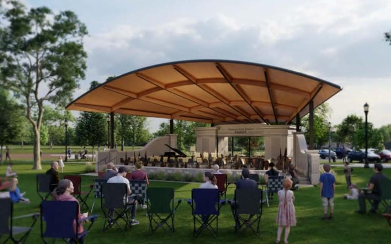 A rendering of an outdoor bandshell with a band performing on stage under a large canopy, and an audience seated in chairs on a grassy lawn.