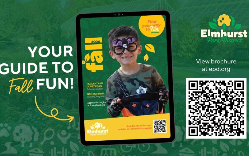 Photo of Fall Brochure cover with Elmhurst Park District logo and phrase Your Guide to Fun