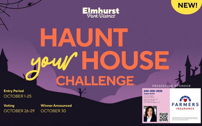 Spooky houses and cobwebs background. Presenting sponsor Farmers Insurance Angela Renik Agency. 