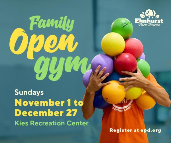 FREE! Get your game on and play with the whole family this winter at Family Open Gym at the Kies Recreation Center. Every Sunday, November 1-December 27, 2026, 10:30am-1:30pm. Ages 3-14 with adult.