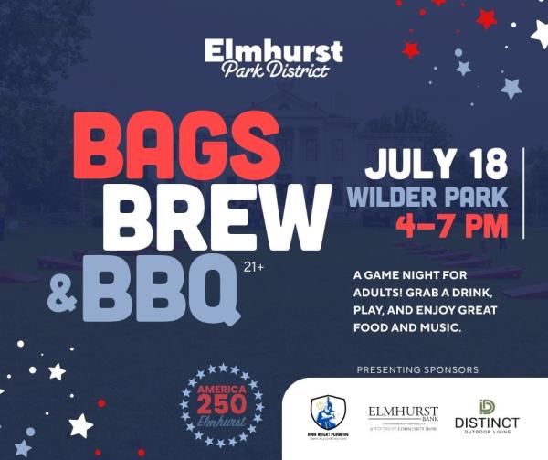 Bags, brew and bbq on July 18 4 to 7pm. Sponsored by Aqua Knight Plumbing and Elmhurst Bank and Distinct Outdoor Living