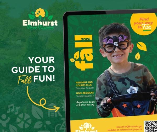 Fall brochure cover with photo of boy wearing bat themed glasses holding a trick or treat bag.