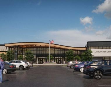 Rendering of a building with a curved glass entrance, parking lot on both sides with several cars.