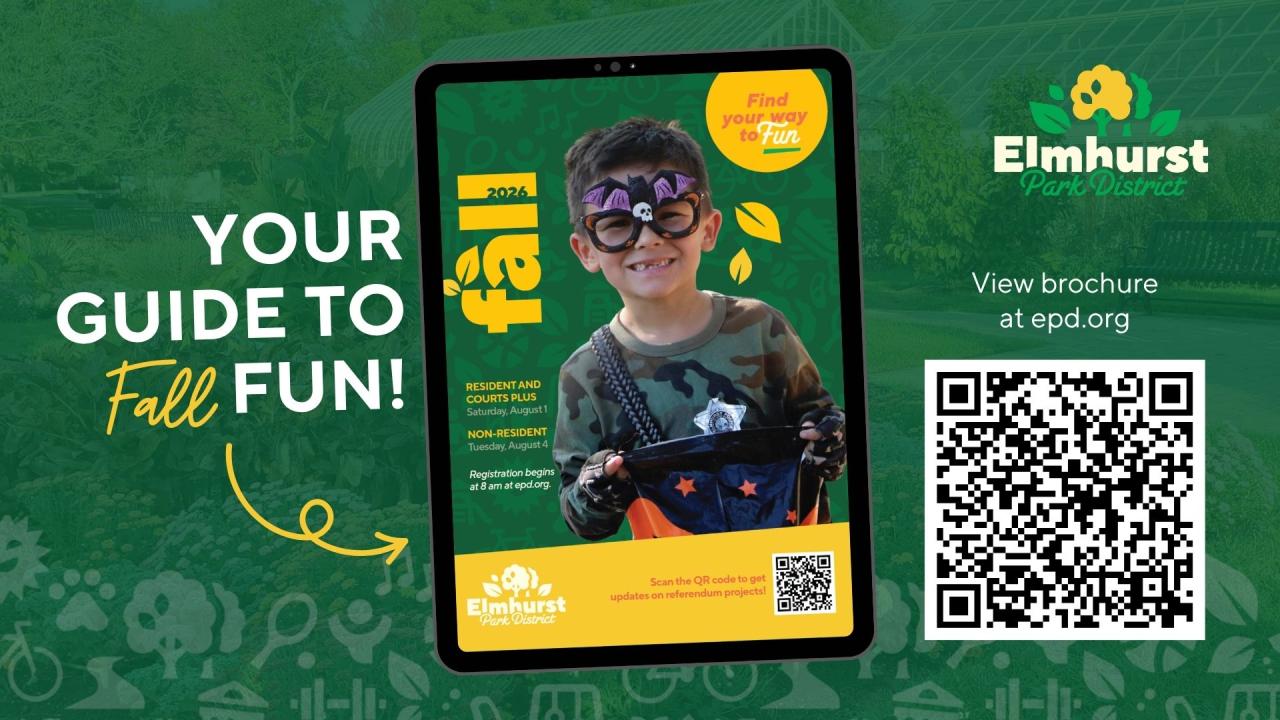 Photo of Fall Brochure cover with Elmhurst Park District logo and phrase Your Guide to Fun