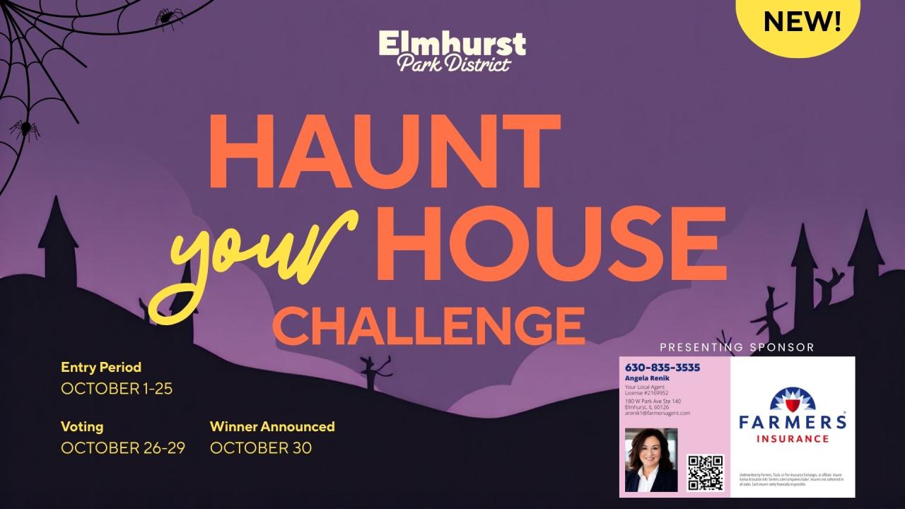 Spooky houses and cobwebs background. Presenting sponsor Farmers Insurance Angela Renik Agency.