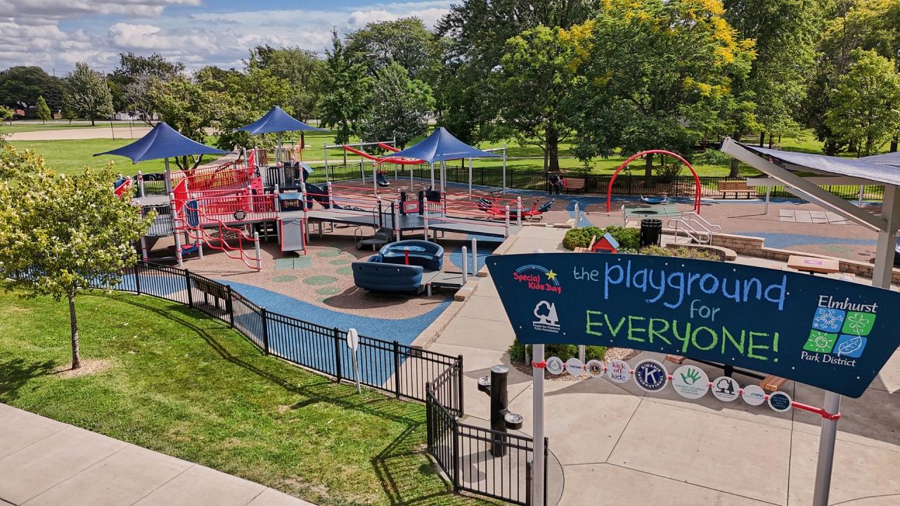 Overhead view of a playground with a sign titled The Playground for Everyone