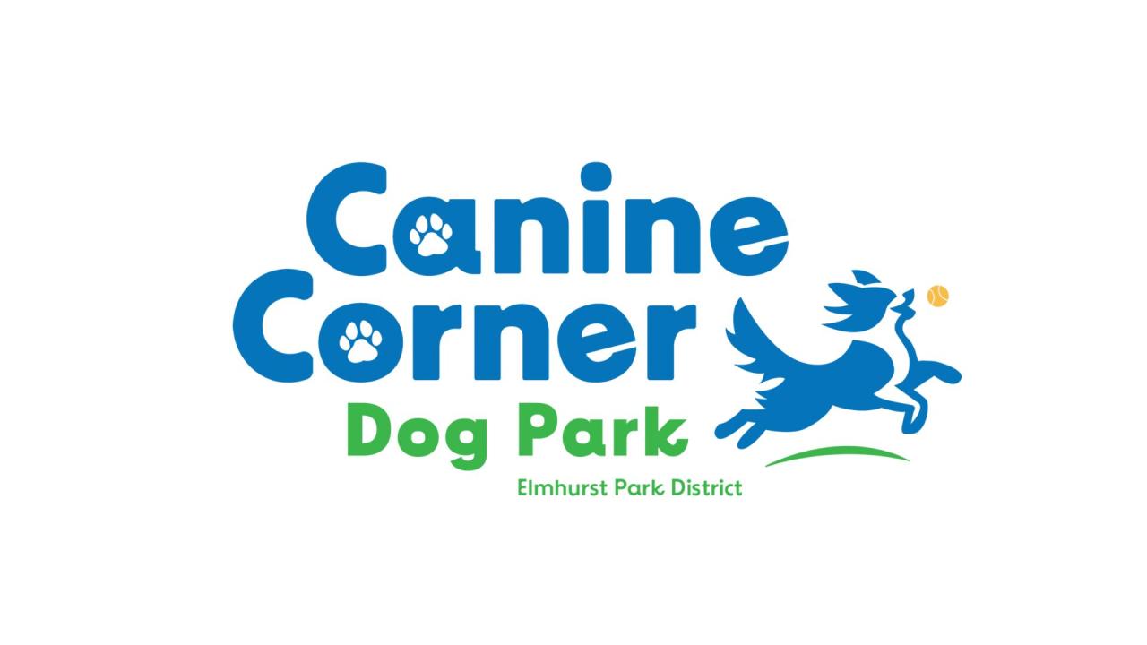Text Canine Corner Dog Park Elmhurst Park District with picture of dog catching a ball.