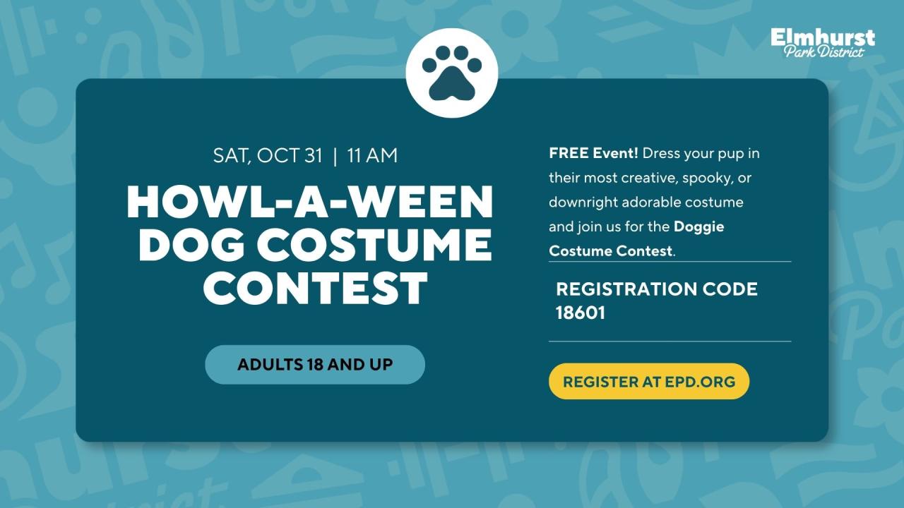 Blue promotional flyer for Elmhurst Park District’s “Howl-a-ween Dog Costume Contest,” dated Sat, Oct 31 at 11 AM, free event, adults 18 and up, with registration code 18601 and a “Register at epd.org” button.