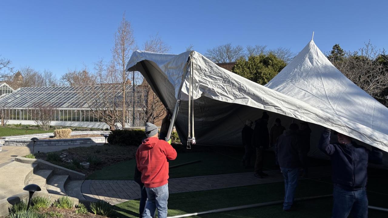 wedding tent construction begins at Wilder Park Formal Gardens