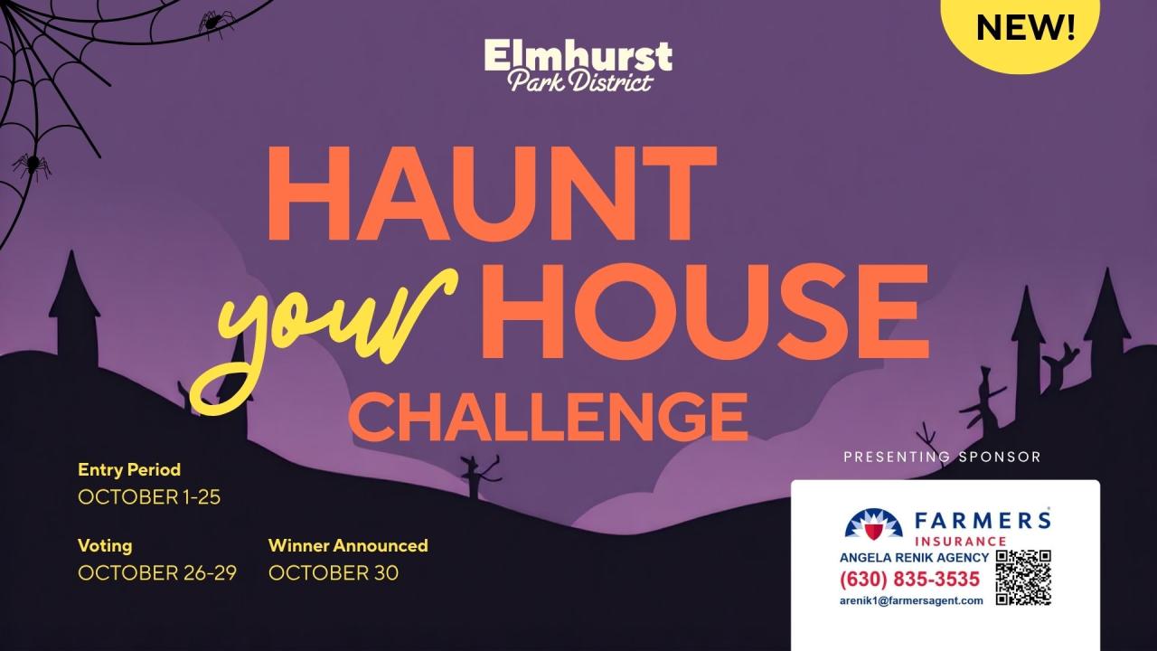 Spooky houses and cobwebs background. Presenting sponsor Farmers Insurance Angela Renik Agency. 