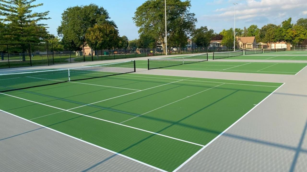 Outdoor tennis court with green playing surface, white boundary lines, and chain-link fencing, viewed from the sideline.