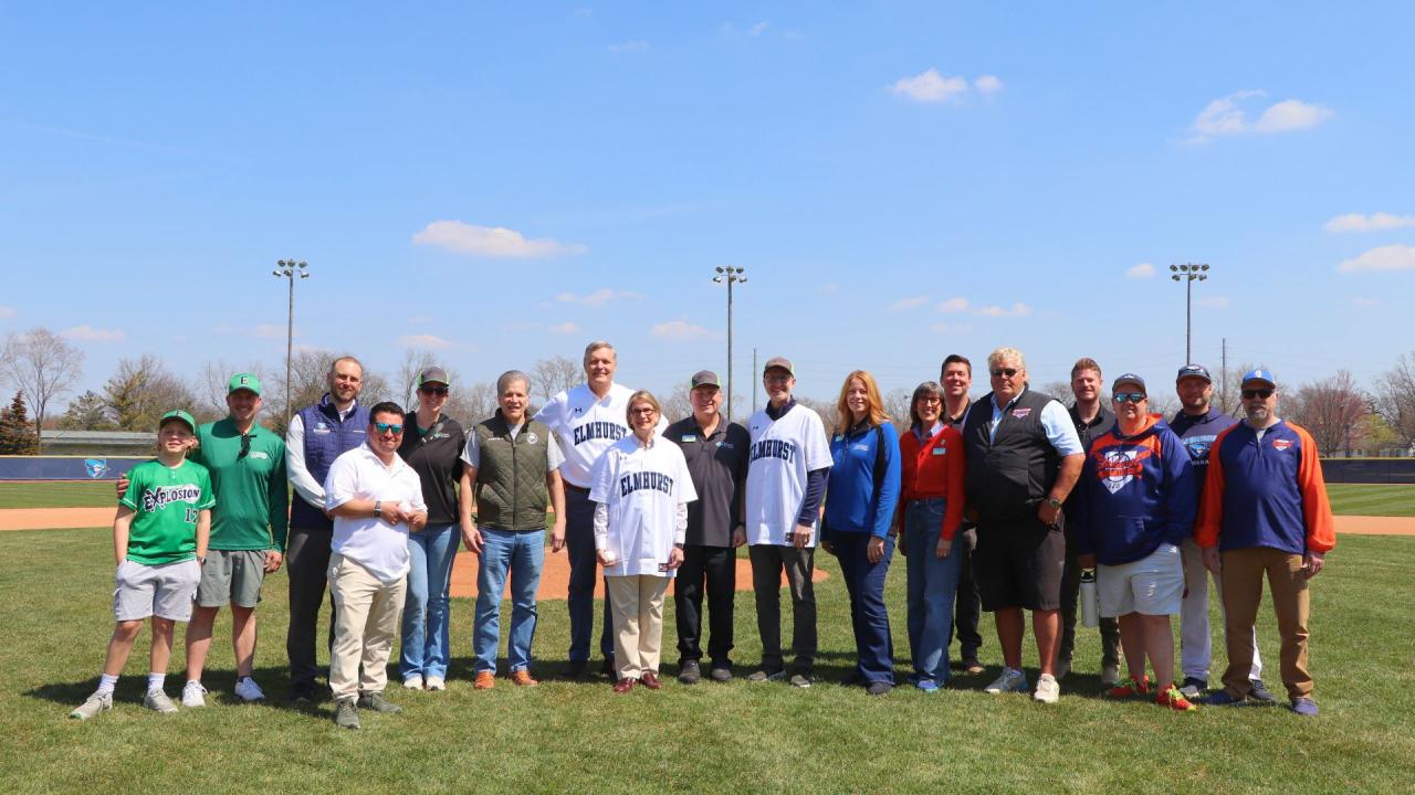First pitch gathering including officials from the Park District, Elmhurst University and youth sports programs