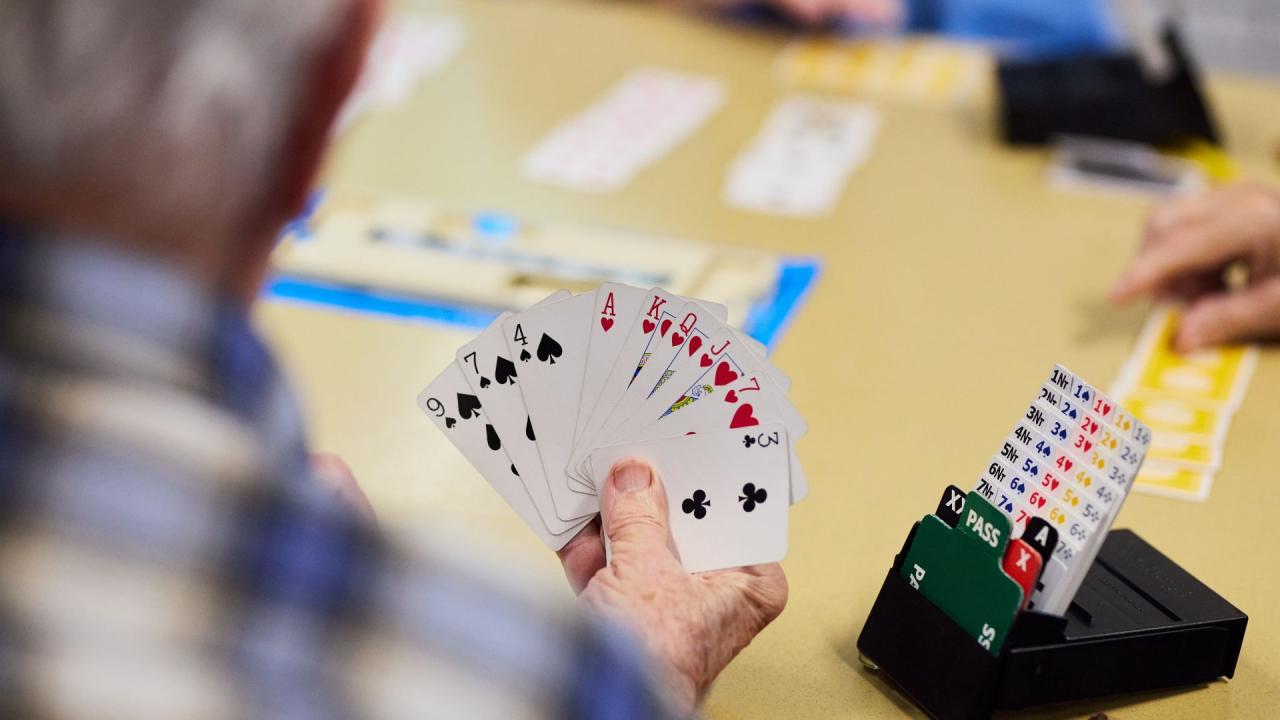 A person holds a hand of playing cards. A bidding box with cards is visible on the table.